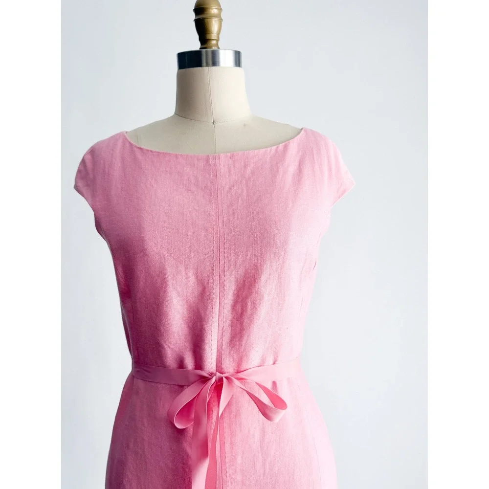 Anne Klein Linen Fit Flare Dress 8P Pink Ruffle Hem Cap Sleeve Ribbon Belt y2k